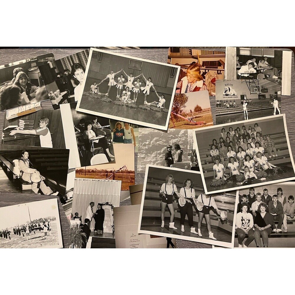 23 School Yearbook Photos w/Tags 1980’s B&W and Color Sports Cheerleading Band